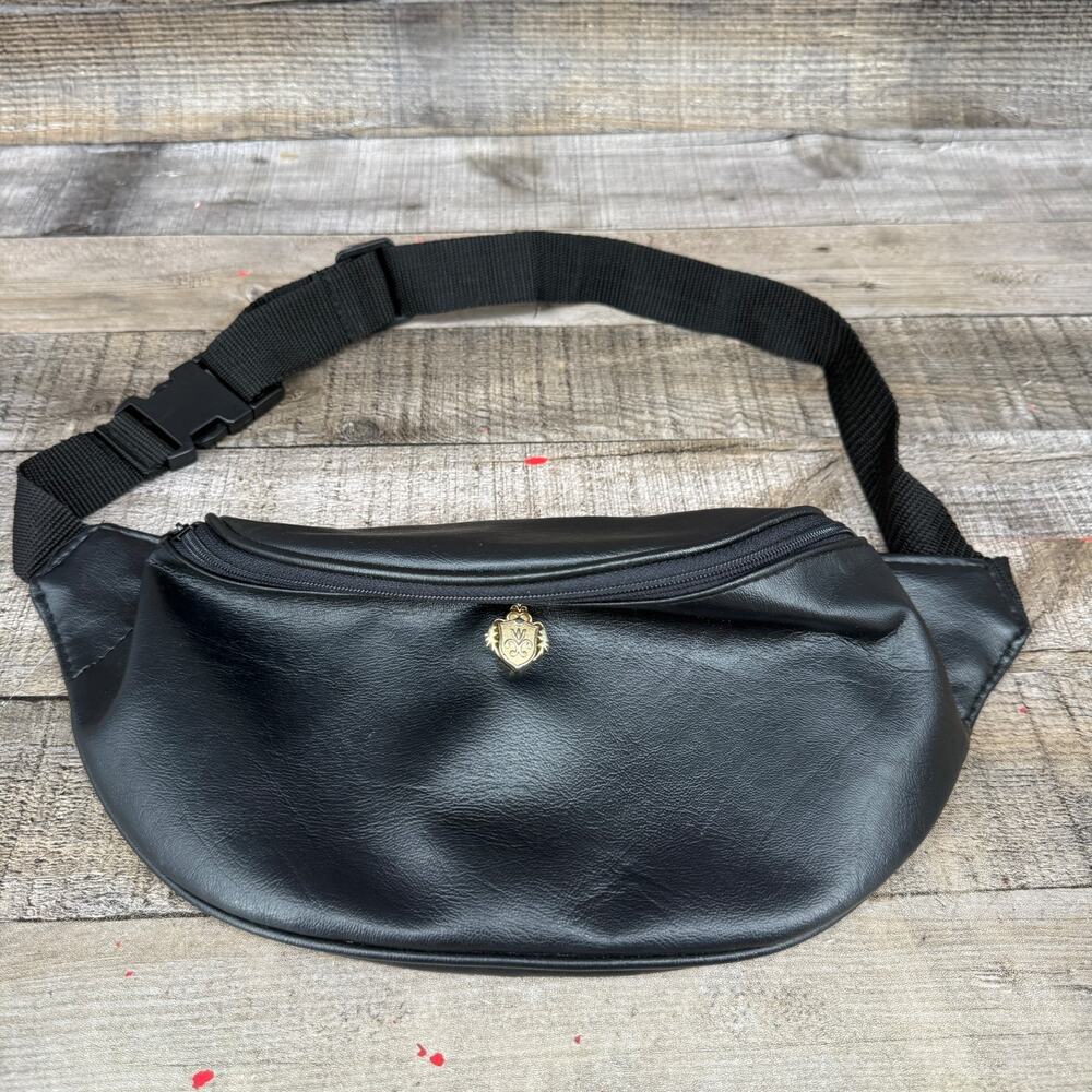 Vintage Black Leather Waist Bag with Gold Crest Accent